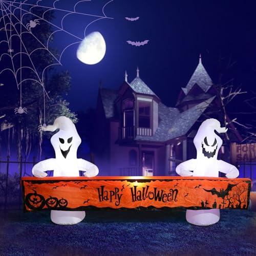 8FT Ghost Inflatable Halloween Yard Decor with Happy Halloween Banner - Outdoor Lighted Ghosts