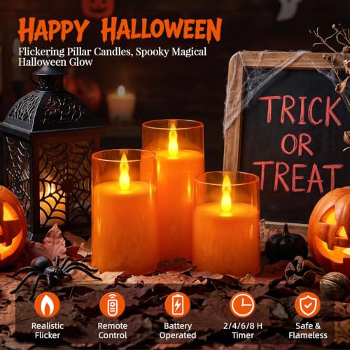 Raycare Flameless LED Pillar Candle 3 Pack - 3D Flame Timer Remote - Orange, D3xH4, 5, 6 Inches