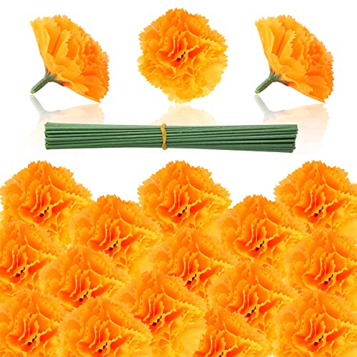 50PCS Artificial Marigold Flower Heads with Stems - Orange for Diwali Wedding Party Decor
