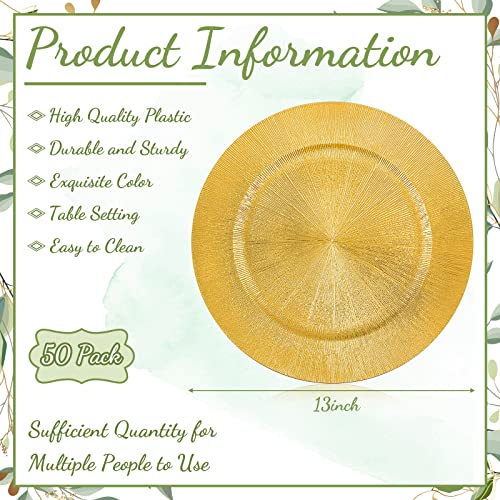 Modern Style Gold Charger Plates Bulk - 50 Pieces 13-Inch Round Plastic Dinner Chargers for Table Setting