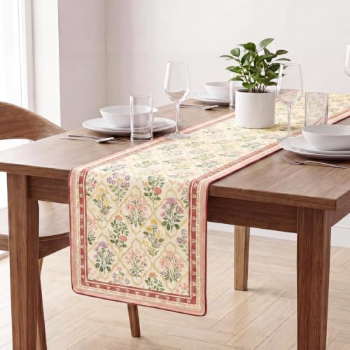 Beige Diamond Plaid Flower Vintage Table Runner 13x72 Inch - Pink/Beige Variation