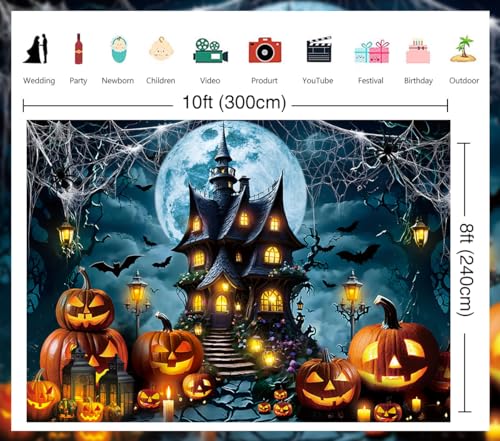Halloween Horror Castle Backdrop 10x8FT Full Moon Night Pumpkin Lantern Bats Spider Web Photography Background - Kids & Adults