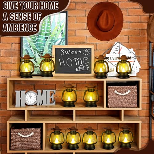 Mini Cowboy Lantern Decorations Set with LED Candles for Christmas & Party Table Centerpieces
