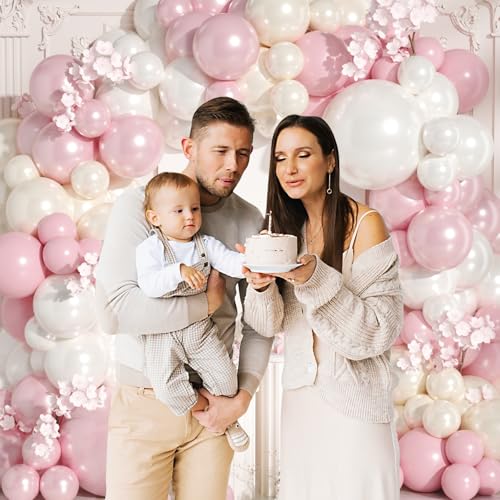 Pink & White Balloon Arch Kit - Double Stuffed Pearl Balloons for Wedding Birthday Bridal Shower - Variation: White Pink Cream