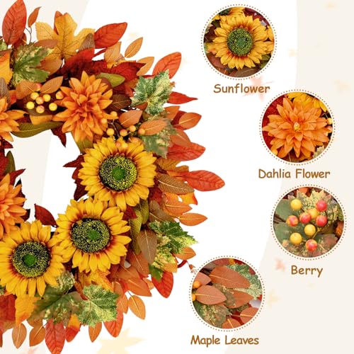 Autumn Sunflower Wreath 22 Inch Fall Door Decor - Orange