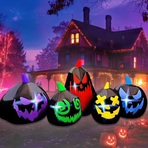 Halloween Inflatable 8 FT Black Pumpkin Family Decoration - Spooky Yard Decor with Lights - Variation A-8FT Black Pumpkin Family