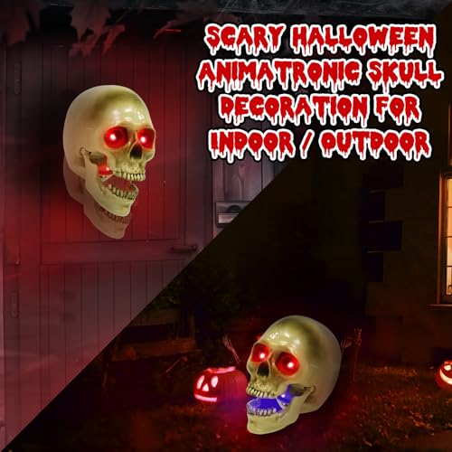 Halloween Animatronic Talking Hanging Skull Head Outdoor Decor - Scary Sound & RGB Lights