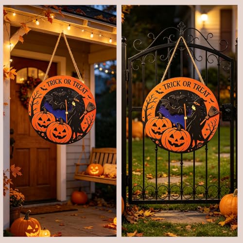 Halloween Front Door Decor Sign - Black Witch Pumpkin Bat Wood Hanging Plaque