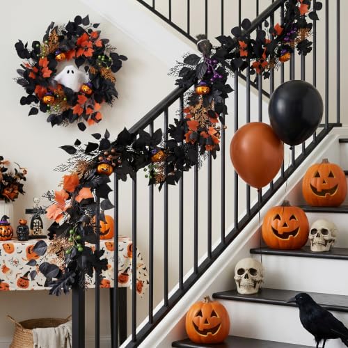 Halloween Ghost Wreath with Lights 20 Inch Front Door Decor - Spooky & Playful