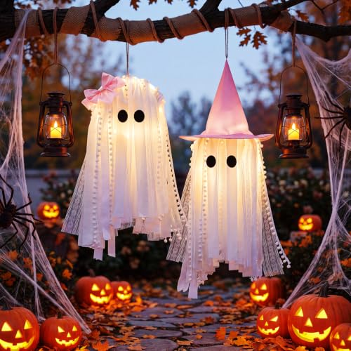 Pink Ghost Halloween Hanging Decor with LED Lights - Outdoor & Indoor Festive Decoration, 2 Pack