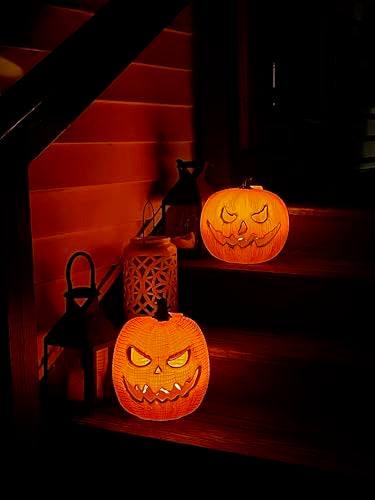 Eerie Light Up Pumpkin Decoration - 10 Inch Halloween Jack O' Lantern - Indoor & Outdoor Use