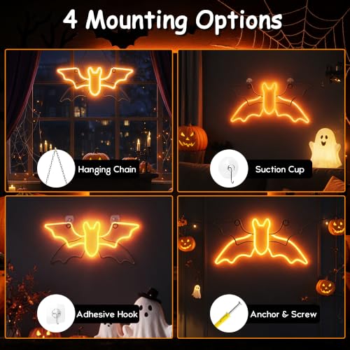Orange Bat Neon Sign for Wall Decor Halloween Party Indoor Outdoor 21x10in