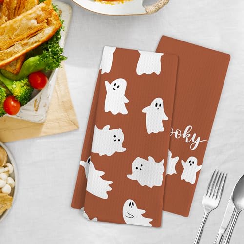 Halloween Ghost Kitchen Towels Set of 2 - Burnt Orange Fall Hand Dish Towels
