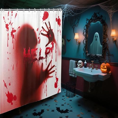 Halloween Bloody Hands Shower Curtain - Spooky Blood Handprints Waterproof Fabric 72x72 Inch - Horror Bathroom Decor with Hooks