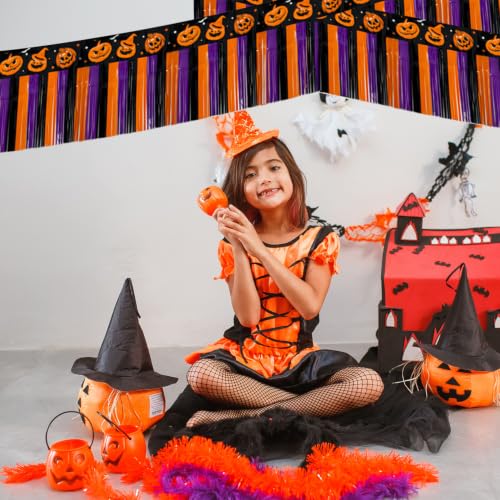 Halloween Banner Decorations with Pumpkin Foil Fringe Tinsel Streamers - 4 Pack