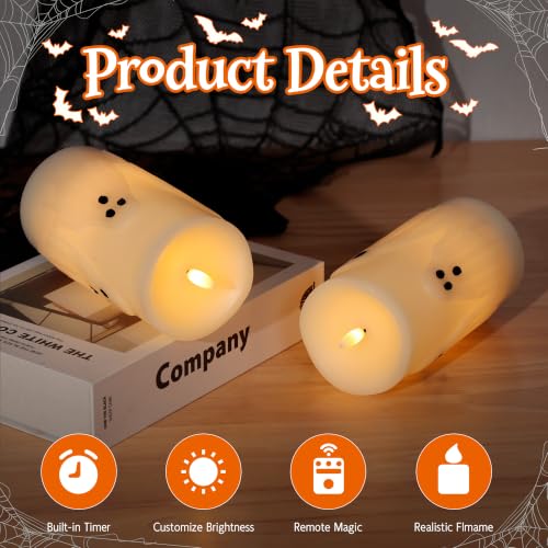Halloween Ghost Flameless Candles Set - Remote Timer & Real Wax, 2 Pack