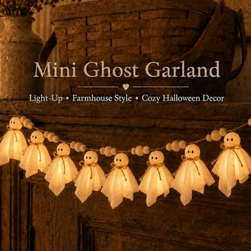 Halloween Ghost Garland with LED Lights - 10 Cute Spooky Party Banner, Indoor Decor