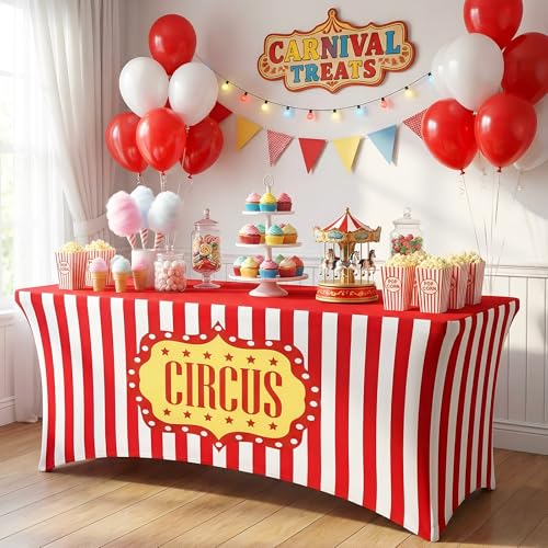 Moukeren Carnival Spandex Table Cloth - Red & White Circus 6ft