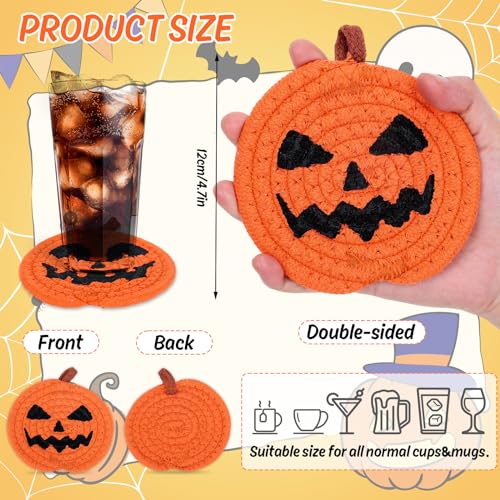 Halloween Pumpkin Coasters - Handmade Braided Cotton Set, Orange & Black, 4.7 Inch - Variation of THIS listing