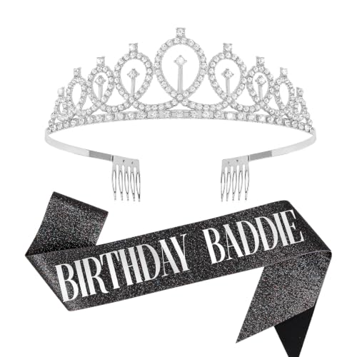 Birthday Baddie Crown and Sash Set for Women - Silver & Black, One Size