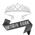 Birthday Baddie Crown and Sash Set for Women - Silver & Black, One Size