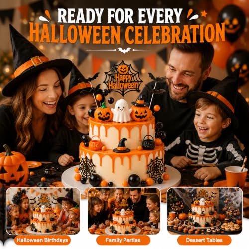 Halloween Cake Topper Set - 40 Pcs Pumpkin Ghost Bat Decor with Sign & Web