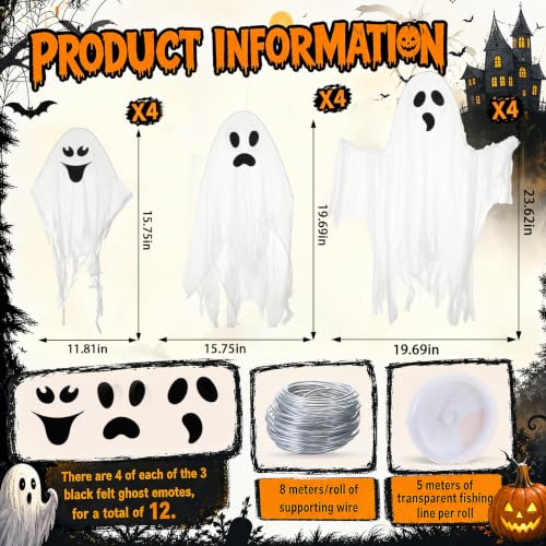 Halloween Hanging Ghost Decorations Set - Outdoor Ghosts with Gauze Sheets & Faces
