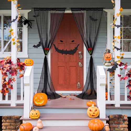 Halloween Black Sheer Curtain Set with Red Roses for Doorway & Hallway Decor