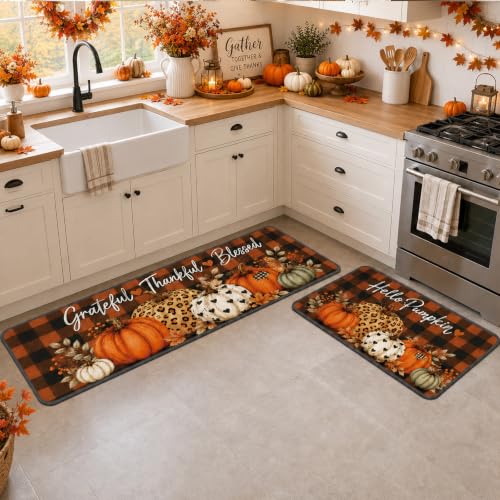 Fall Kitchen Rugs Set of 2 - Pumpkin Buffalo Plaid with Orange & Black Variation
