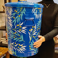 Hand Painted Metal Trash Can with Lid - Blue Flower Design, 10 Gallons