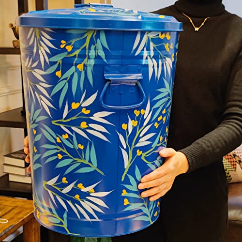 Hand Painted Metal Trash Can with Lid - Blue Flower Design, 10 Gallons