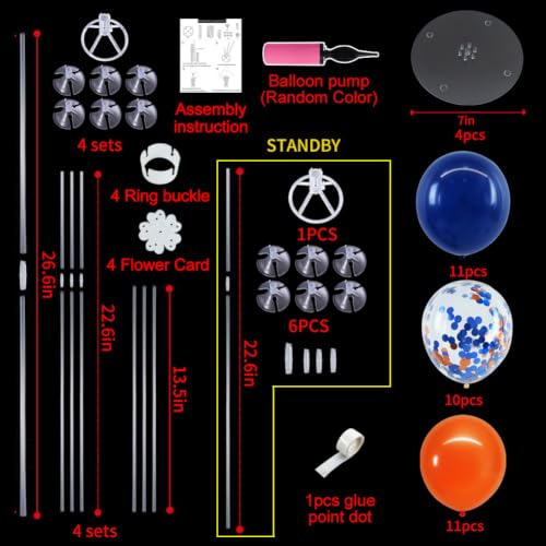 Navy Blue and Orange Balloon Stand Centerpiece Set for Table - 4 Pieces - Reusable Party Decorations