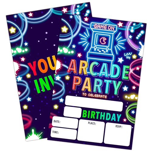 Colorful Neon Arcade Games Birthday Invitations Set - 20 Double Sided Fill-In Cards with Envelopes, Kids Party Favors