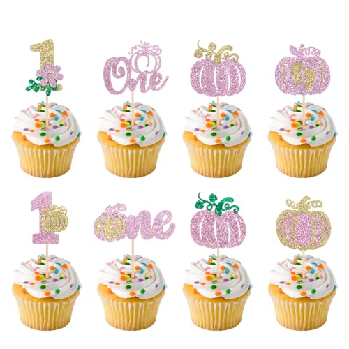 Pink Glitter Pumpkin Cupcake Toppers - 48Pcs Fall & Halloween Party Decorations, First Birthday