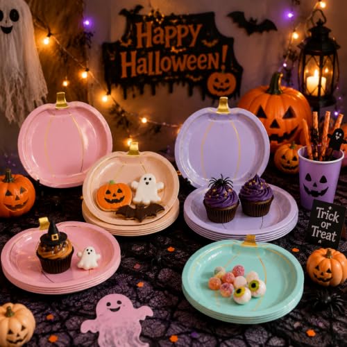 Pastel Pumpkin Disposable Plates for Halloween Fall Thanksgiving Party - 60 Pack, 9 Inch