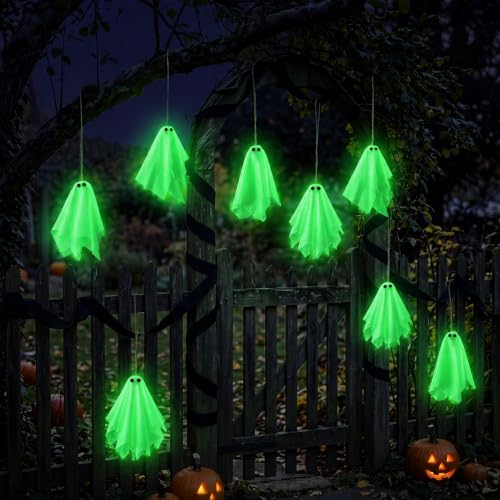Halloween Hanging Ghost Decorations Set - Glows in the Dark, 24 Pieces