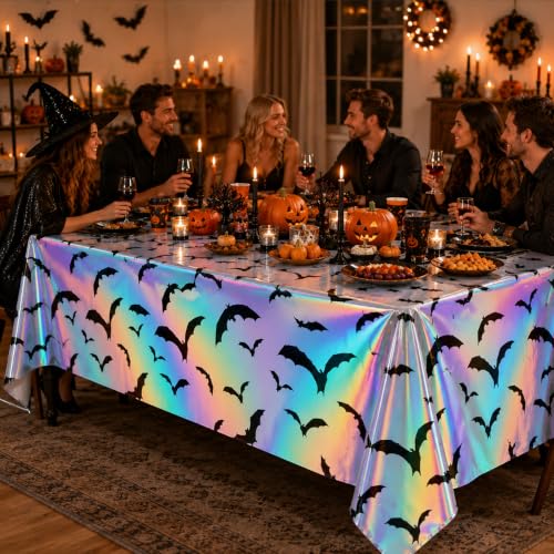 Halloween Iridescent Bat Tablecloth Set - Spooky Foil Decor for Parties