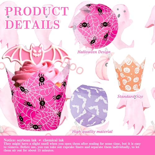 Halloween Cupcake Liners Set - 200 Tulip Shaped Baking Cups with Pumpkin Ghost Bat Designs