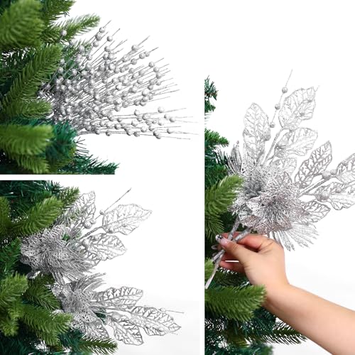 Christmas Tree Ornaments Set - Silver Artificial Flowers & Berry Stems, 24 Pack