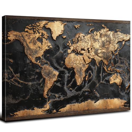 36L x 24W Black and Gold World Map Wall Art Canvas Print - Modern Office Decor
