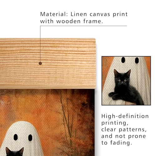 Gothic Ghost and Black Cat Wall Art Poster - Rustic Linen Canvas 18.5x14 Inch - Black Variation BLK05