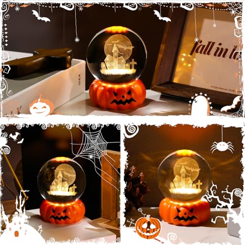 Halloween Glass Ball Night Light with 3D Haunted House & Pumpkin Base - Warm Light