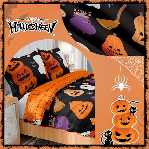 Queen Halloween Duvet Cover Set - Reversible Black Ghost Bedding 90x90