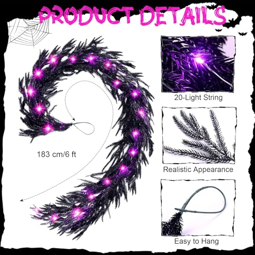 Halloween Black Leave Garland with Lights 6ft Indoor Outdoor Decor
