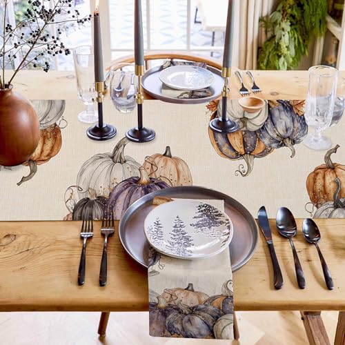 Fall Watercolor Table Runner 13x72 Inch Purple Beige Thanksgiving Dining Decor