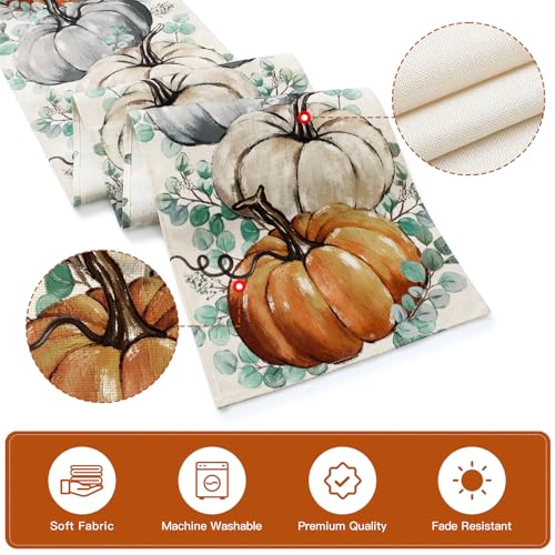 Eucalyptus Fall Pumpkins Table Runner - 13x72 Inch Autumn Thanksgiving Decor