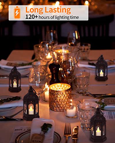 Electroplating Gold Mini Lantern Set with Flickering LED Candles - Vintage Black Hanging Candle Lanterns for Halloween Weddings & Christmas (6 Pcs)