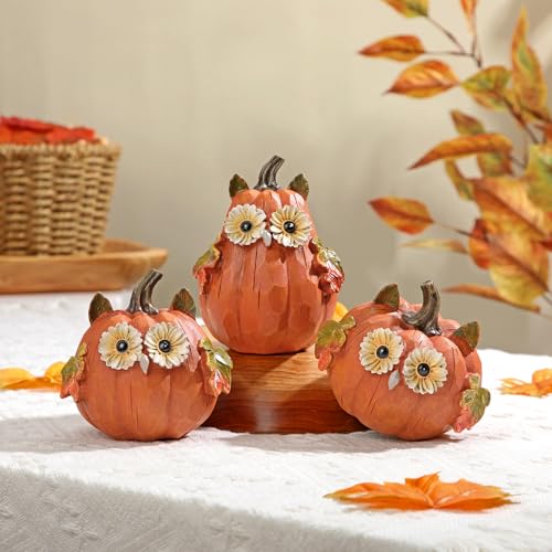 Fall Pumpkin Decor Small Fake Pumpkins with Owl Face - Orange Resin Set of 3