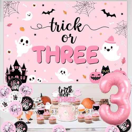 Halloween 3rd Birthday Decorations Kit for Girls Pink Black Ghost Balloons Banner Cake Topper