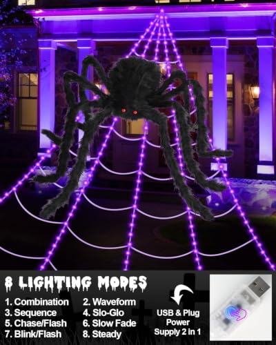 Giant Luminous Spider Web Halloween Decorations Lights with Spider & Remote